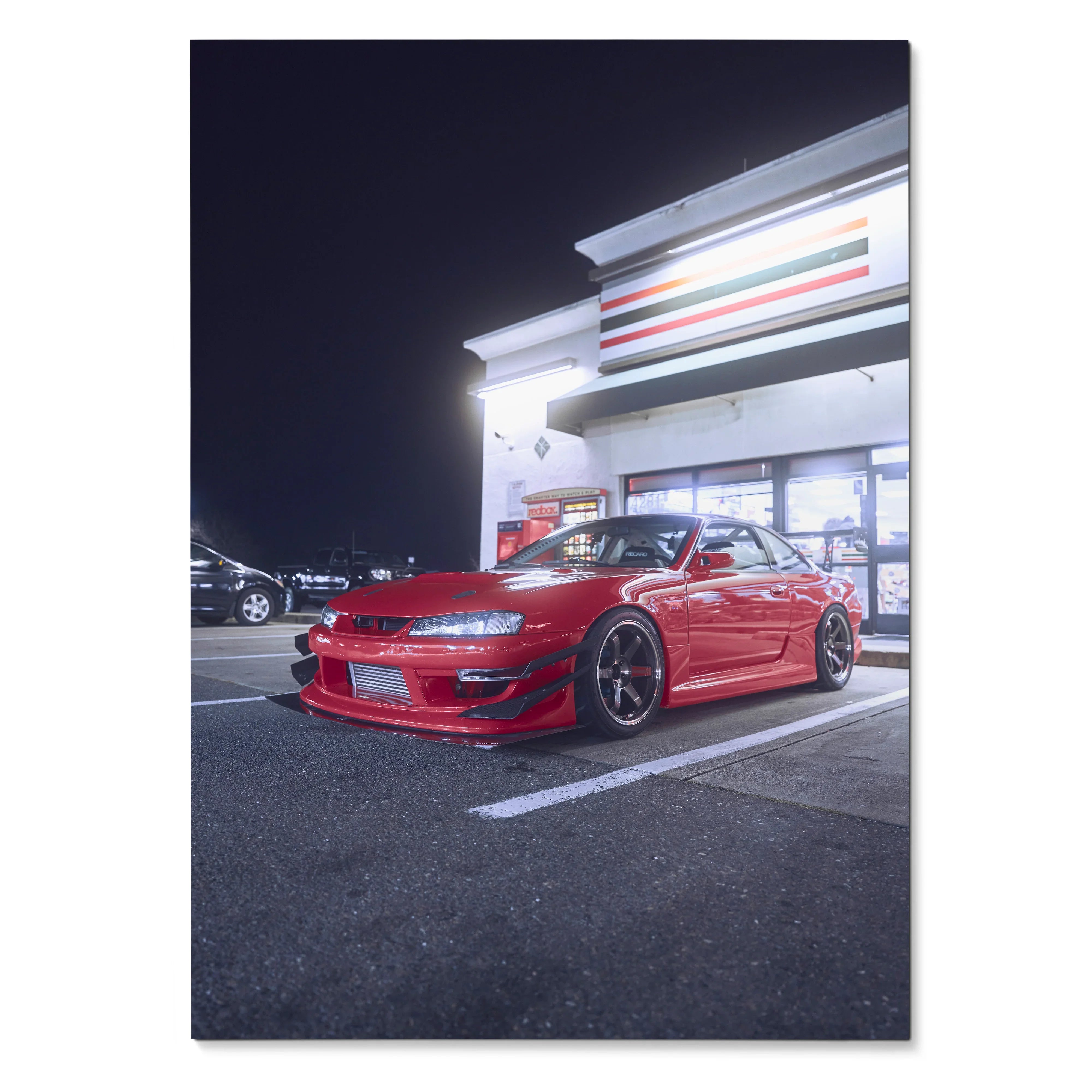 Nissan 240sx S14 Kouki red sports car parked at night poster wall art.