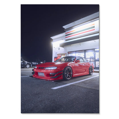 Nissan 240sx S14 Kouki red sports car parked at night poster wall art.