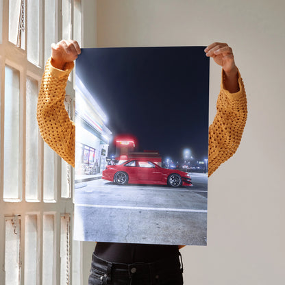 Poster wall art featuring a red Nissan 240sx S14 Kouki with motion blur lighting effects at night.
