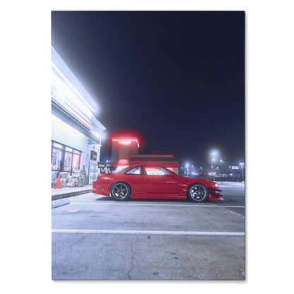 Red Nissan 240sx S14 Kouki parked at night with glowing taillights poster wall art.