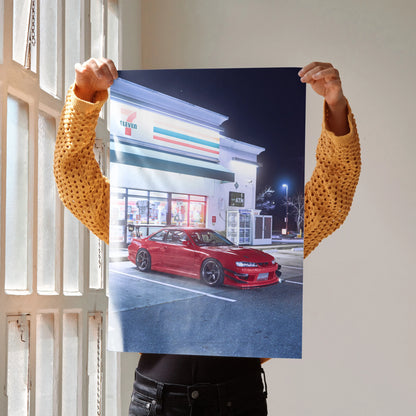 Red Nissan 240sx S14 Kouki poster with night city backdrop, automotive wall art print.