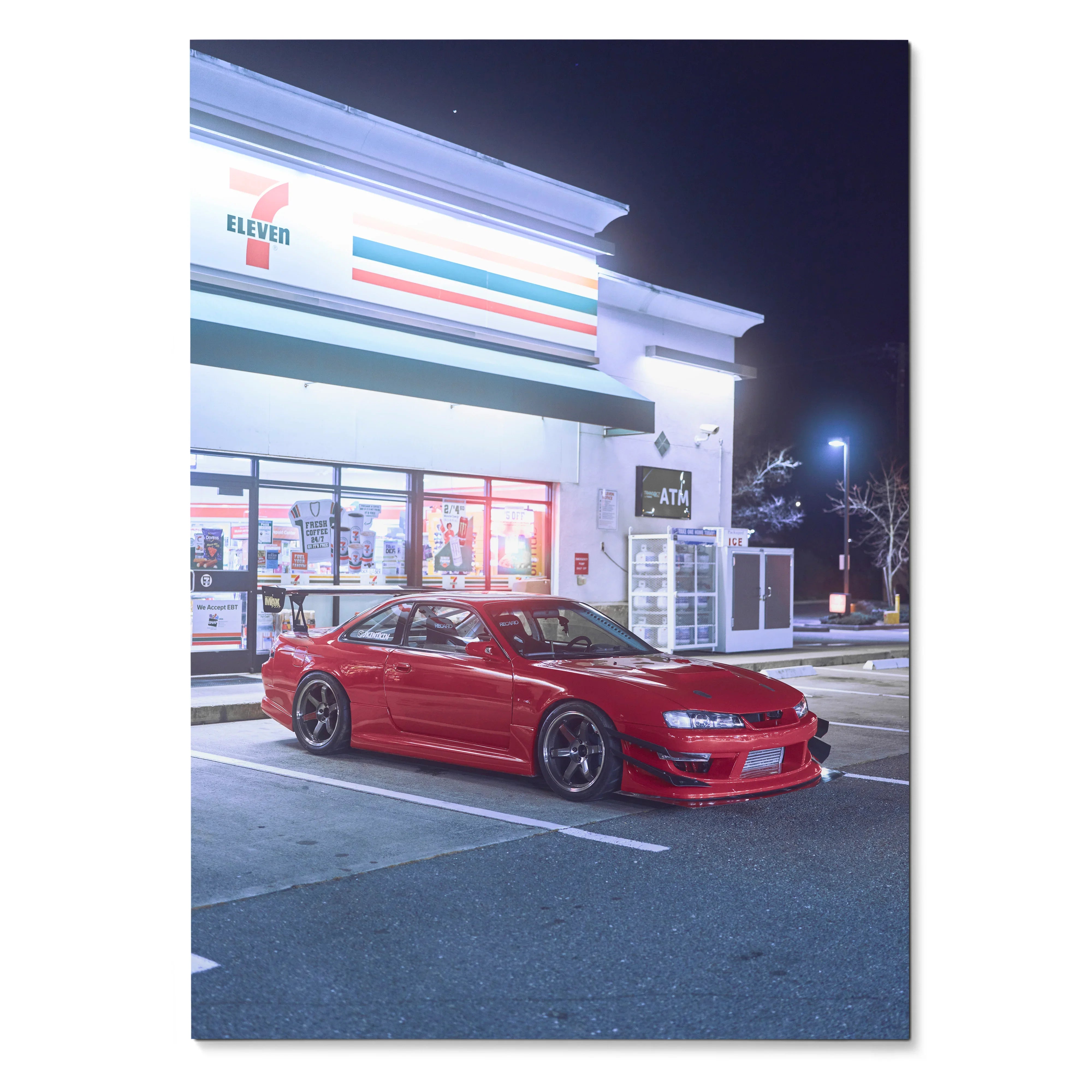 Red Nissan 240sx S14 Kouki parked in front of 7-Eleven at night poster wall art.