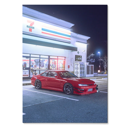 Red Nissan 240sx S14 Kouki parked in front of 7-Eleven at night poster wall art.
