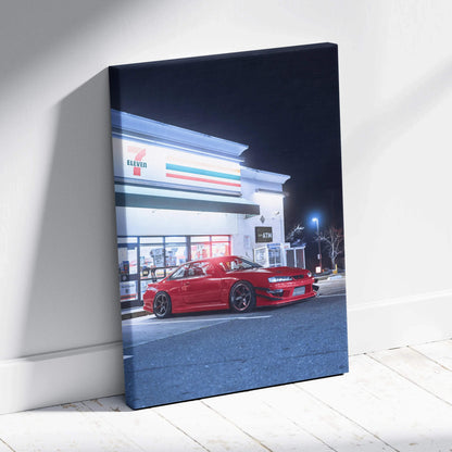 Nissan 240sx S14 Kouki car in red parked by convenience store at night canvas wall art.