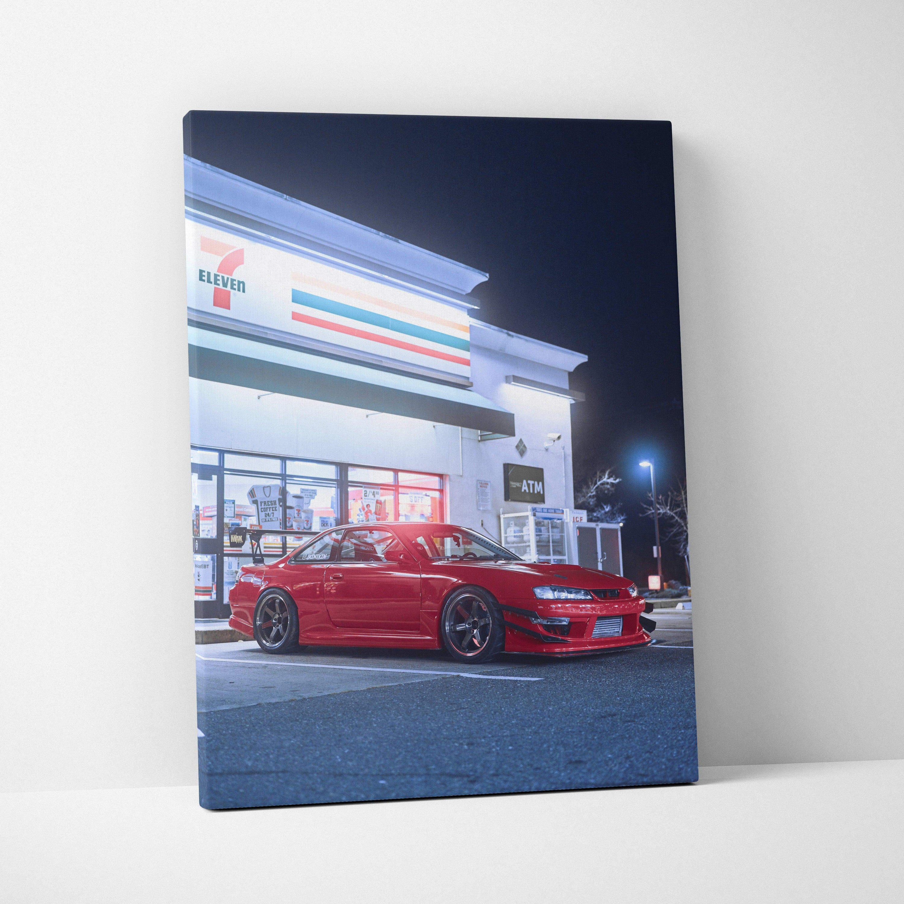 Red Nissan 240sx S14 Kouki parked at night in front of store, vertical canvas wall art.