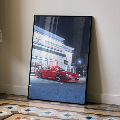 Red Nissan 240sx S14 Kouki parked at night, high-resolution automotive poster wall art.