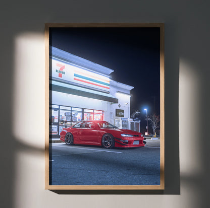 Red Nissan 240sx S14 Kouki parked under 7-Eleven sign at night poster wall art.