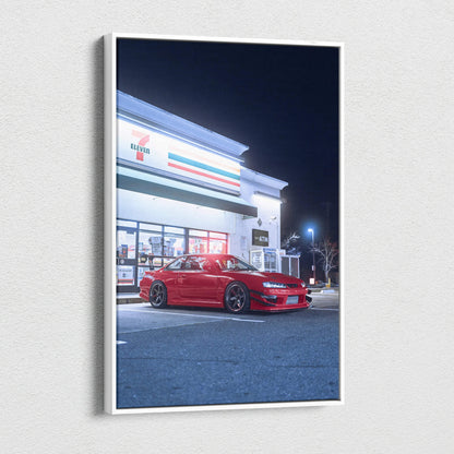 Vertical canvas wall art featuring a red Nissan 240sx S14 Kouki parked outside a lit convenience store at night.