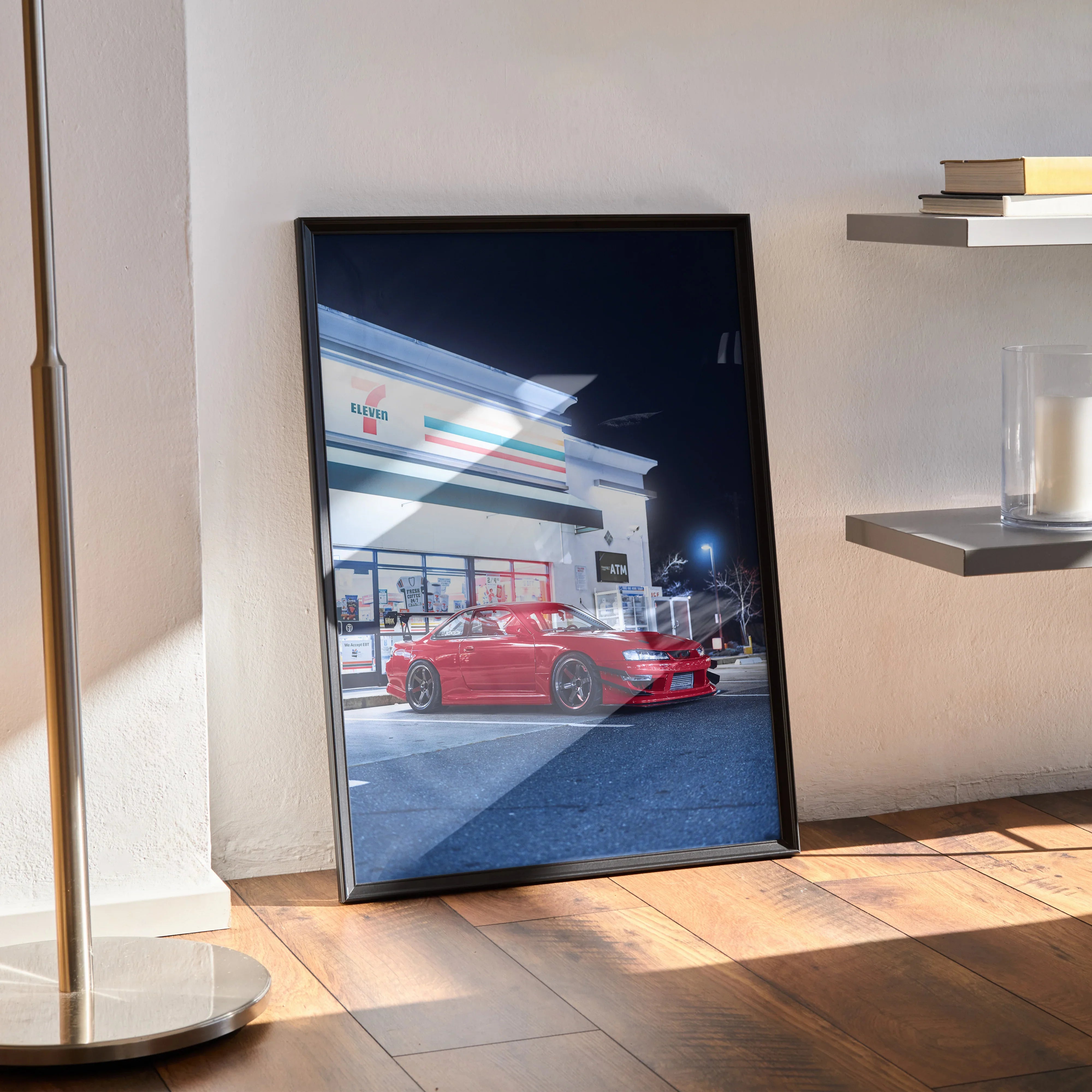 Red Nissan 240sx S14 Kouki parked at night, high-resolution automotive poster wall art in black frame.