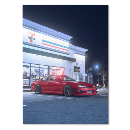 Red Nissan 240sx S14 Kouki parked outside convenience store at night poster wall art.