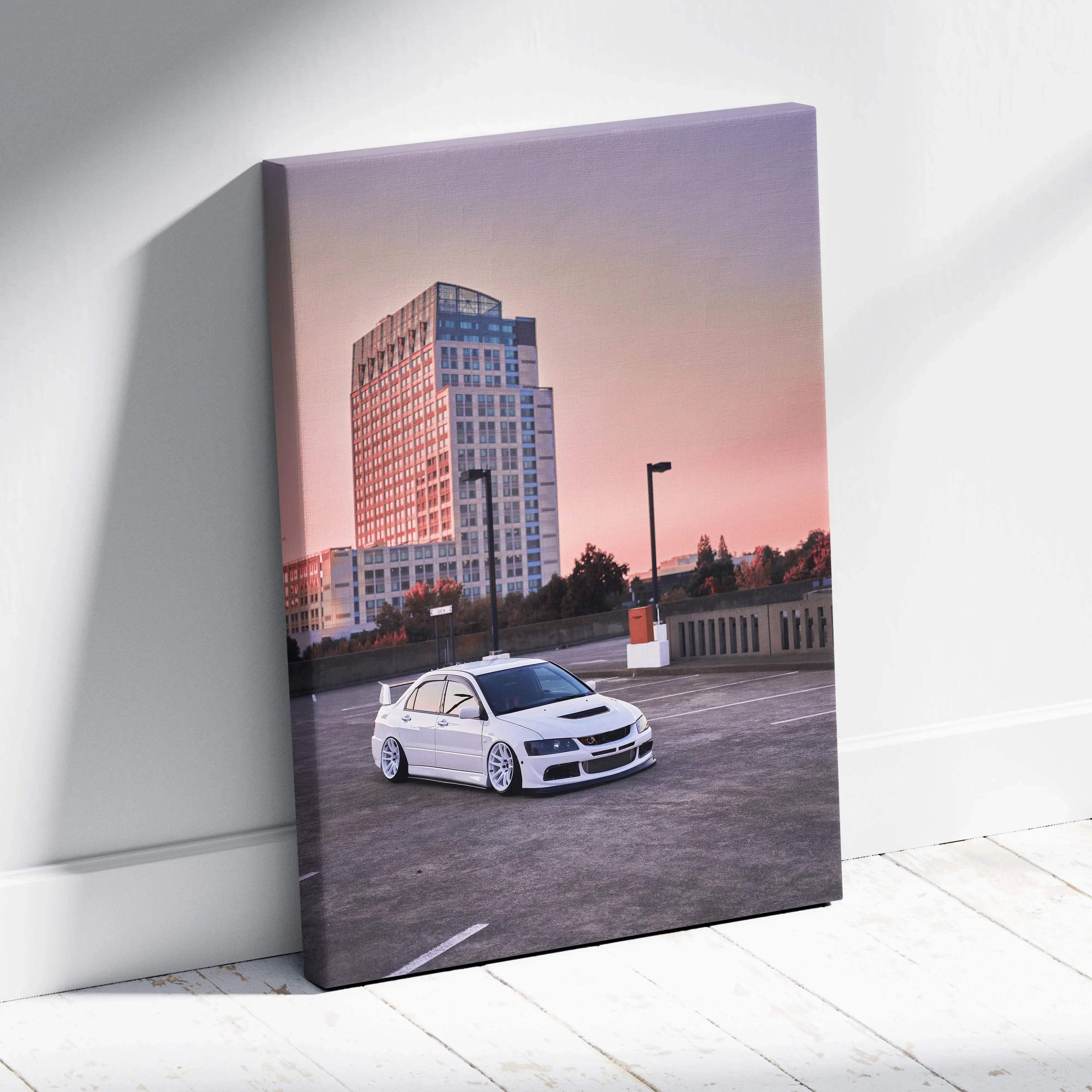 Mitsubishi Evo 8 parked on rooftop at sunset canvas wall art with modern building backdrop.