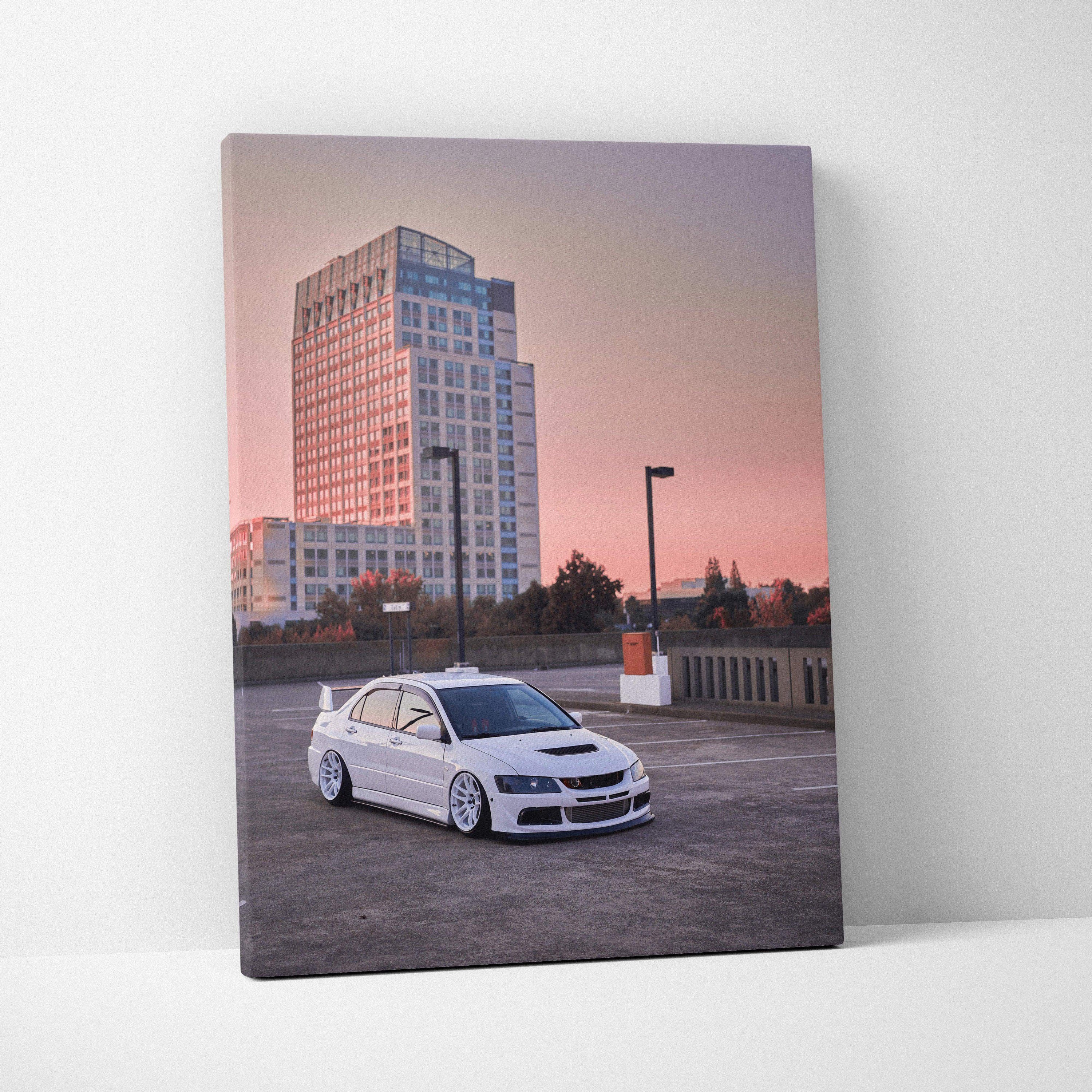 Mitsubishi Evo 8 car canvas art with sunrise cityscape background vertical wall art.
