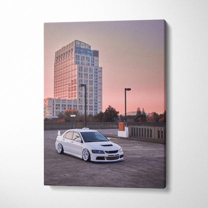 Mitsubishi Evo 8 parked on rooftop at sunset canvas wall art with vertical cityscape background.
