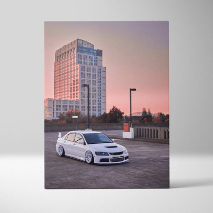 Mitsubishi Evo 8 car parked on rooftop at sunset vertical canvas art wall art.