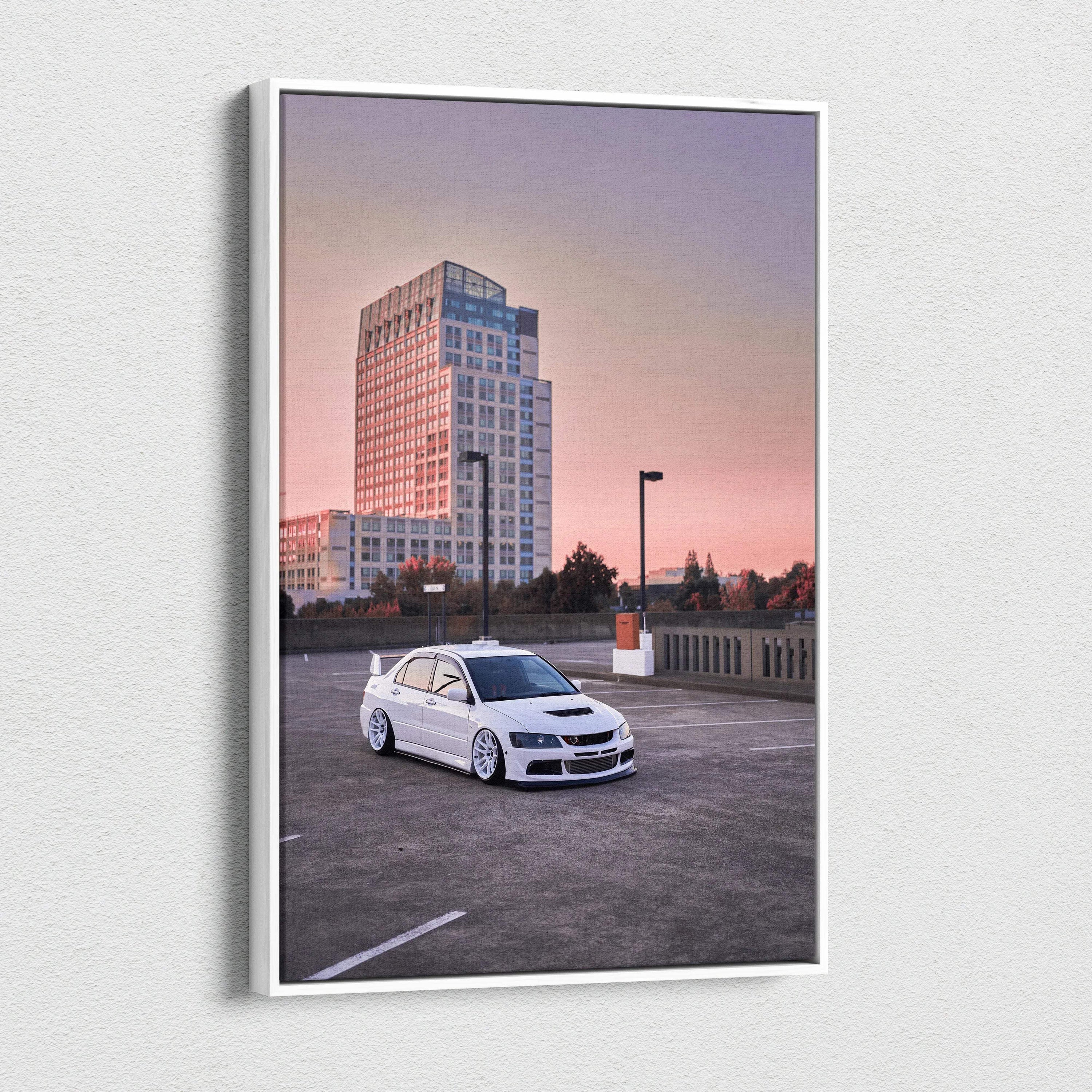 High-resolution Mitsubishi Evo 8 canvas art with sunset cityscape, vertical wall art print.