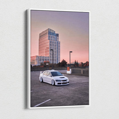 High-resolution Mitsubishi Evo 8 canvas art with sunset cityscape, vertical wall art print.