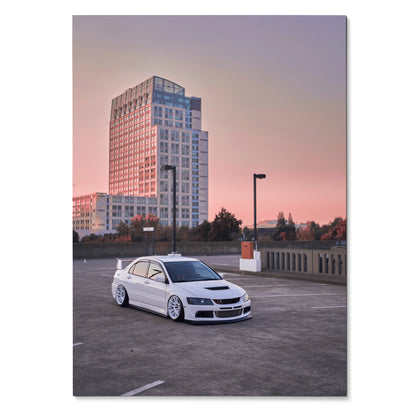 Mitsubishi Evo 8 white car parked on rooftop with city skyline at sunset poster wall art.