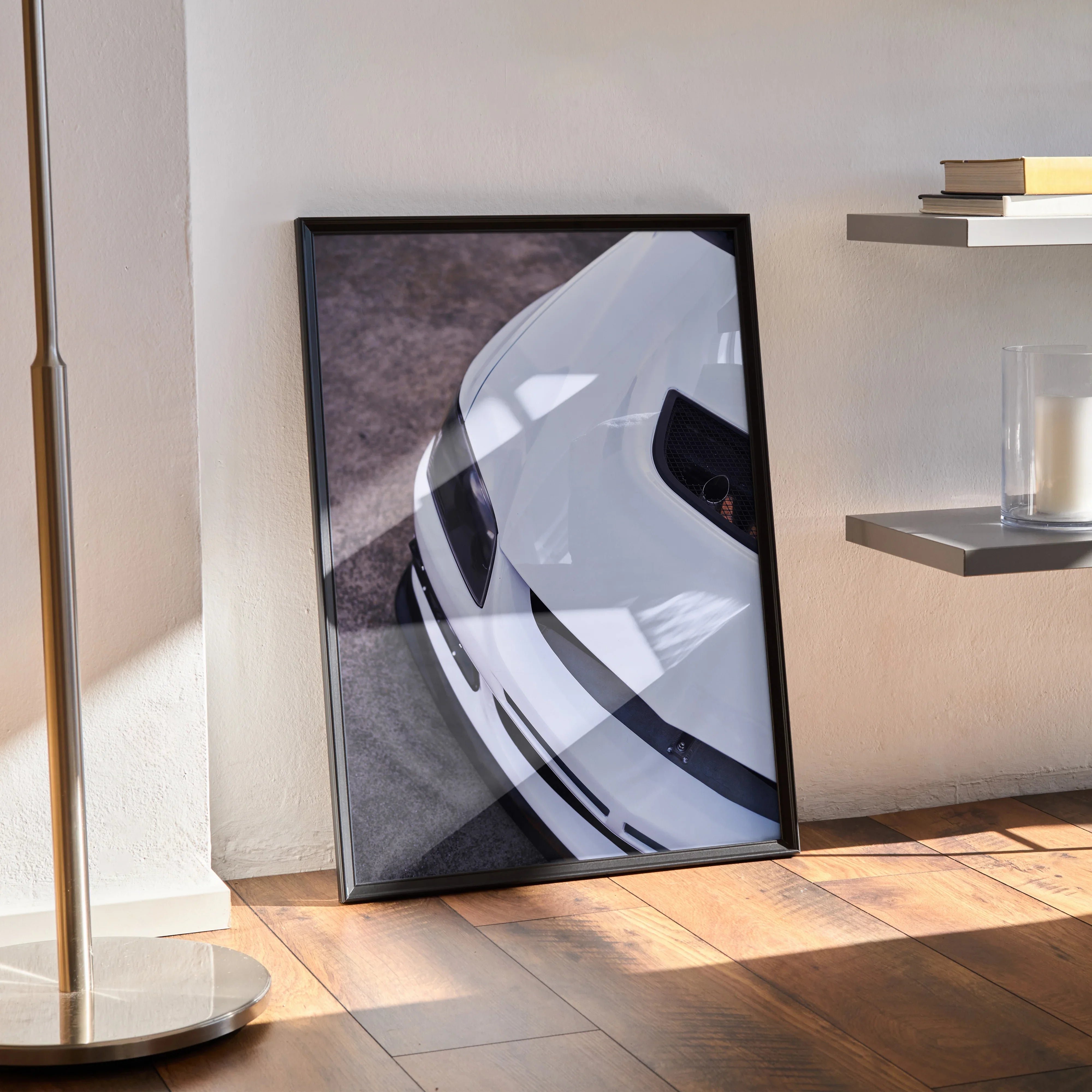 Mitsubishi Evo 8 wall art poster showing front view of white sports car in high detail.