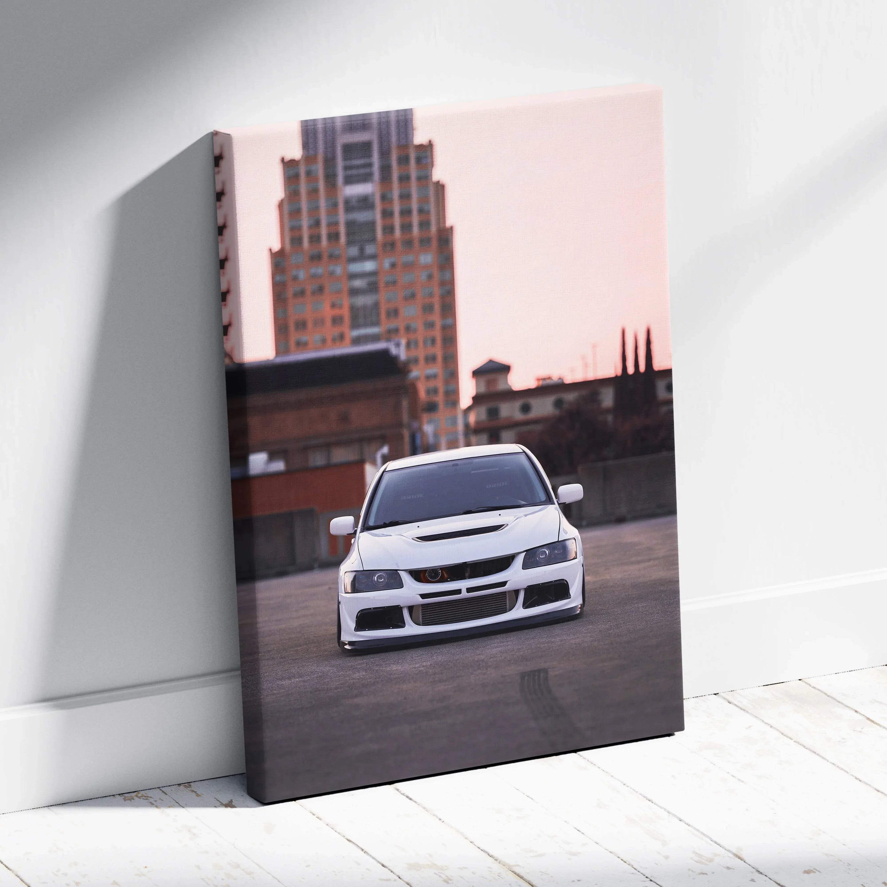 Mitsubishi Evo 8 white car front view canvas art wall art with urban city background.