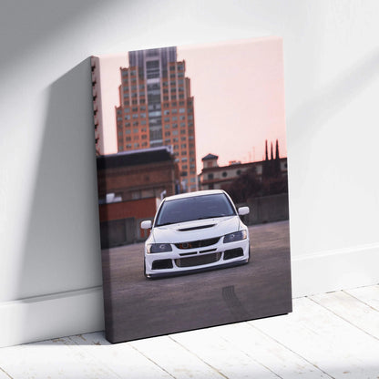 Mitsubishi Evo 8 white car front view canvas art wall art with urban city background.