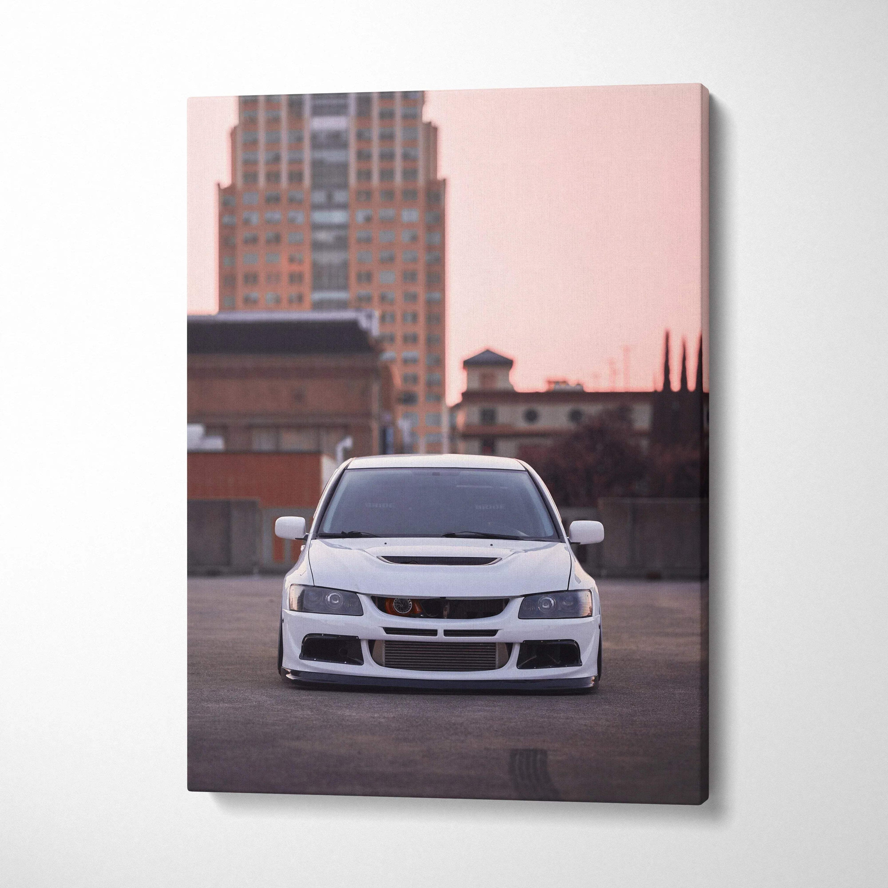 Mitsubishi Evo 8 front view canvas art with city skyline backdrop, vertical wall art print.