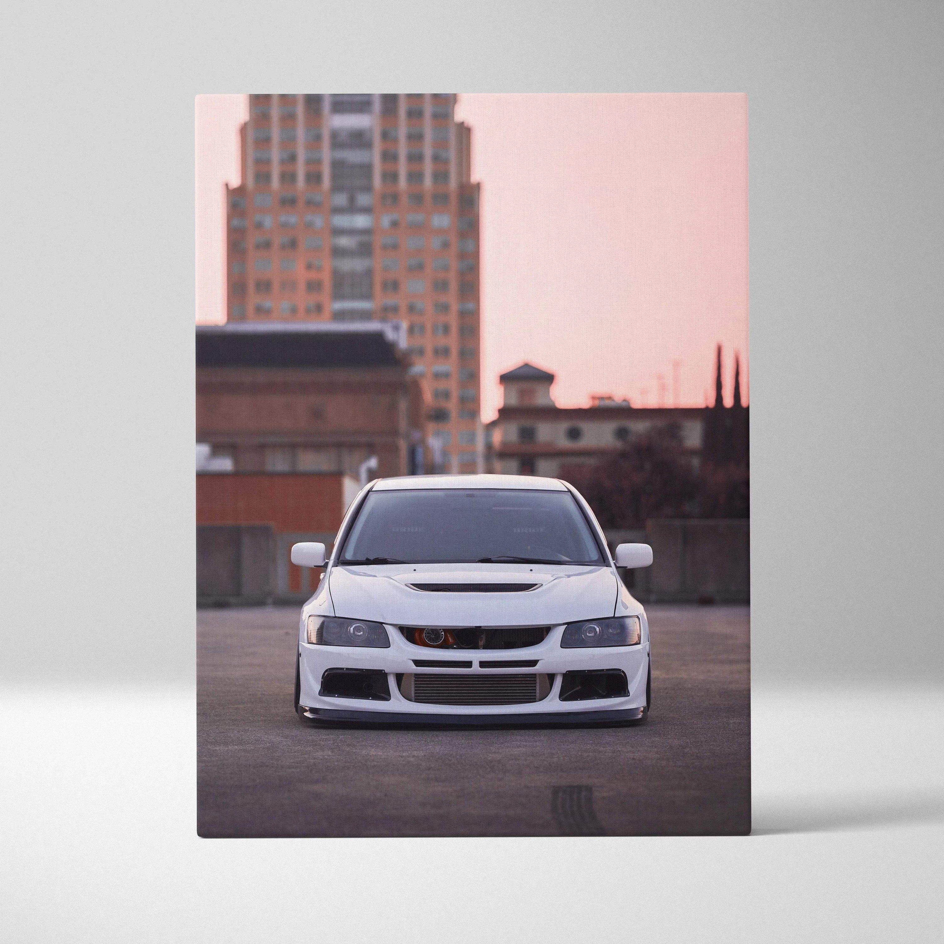 Mitsubishi Evo 8 white car front view canvas art with cityscape background wall art.