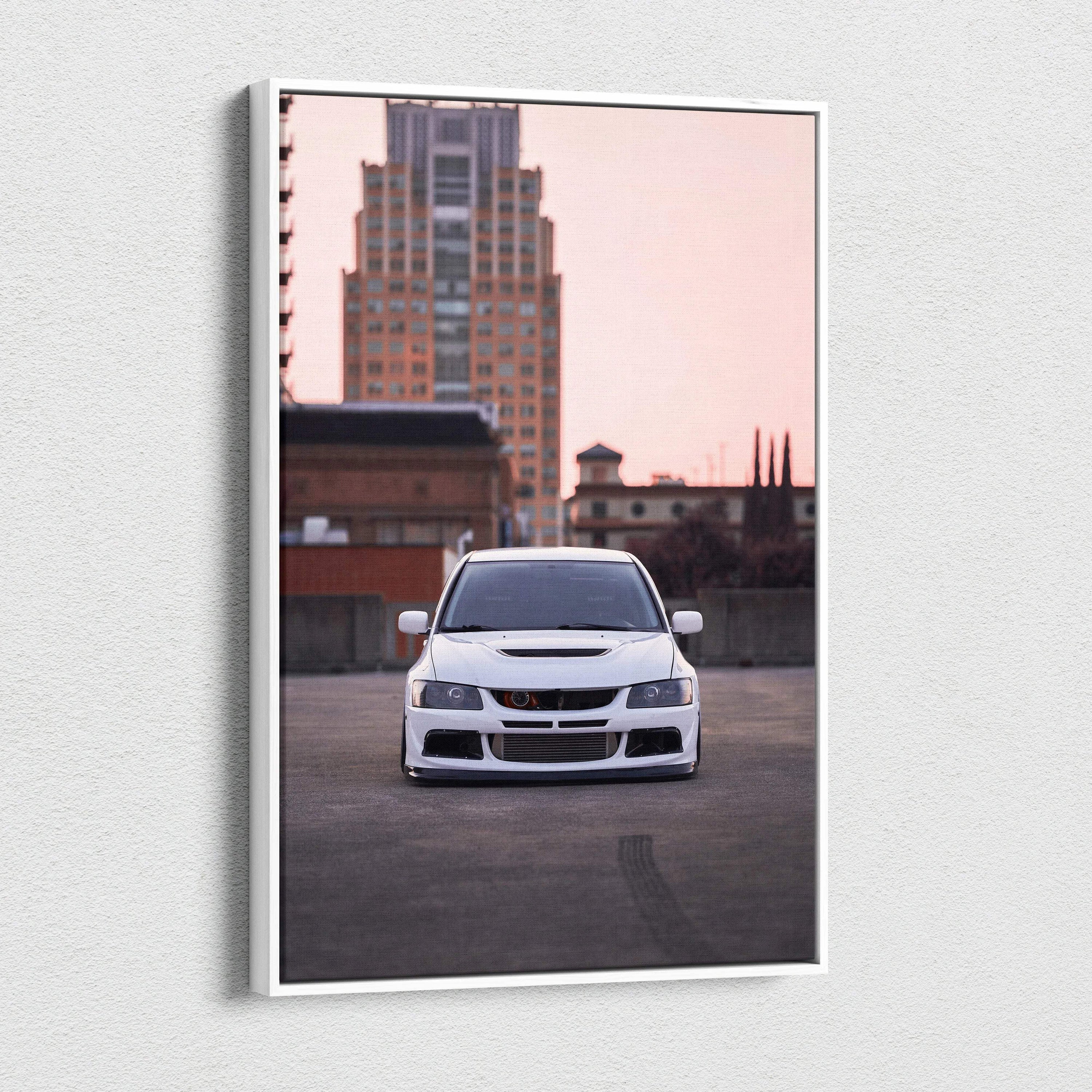 Mitsubishi Evo 8 white car canvas art with urban building background, vertical wall art.