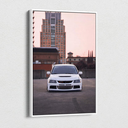Mitsubishi Evo 8 white car canvas art with urban building background, vertical wall art.