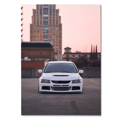 Mitsubishi Evo 8 front view with city skyline at sunset poster wall art.