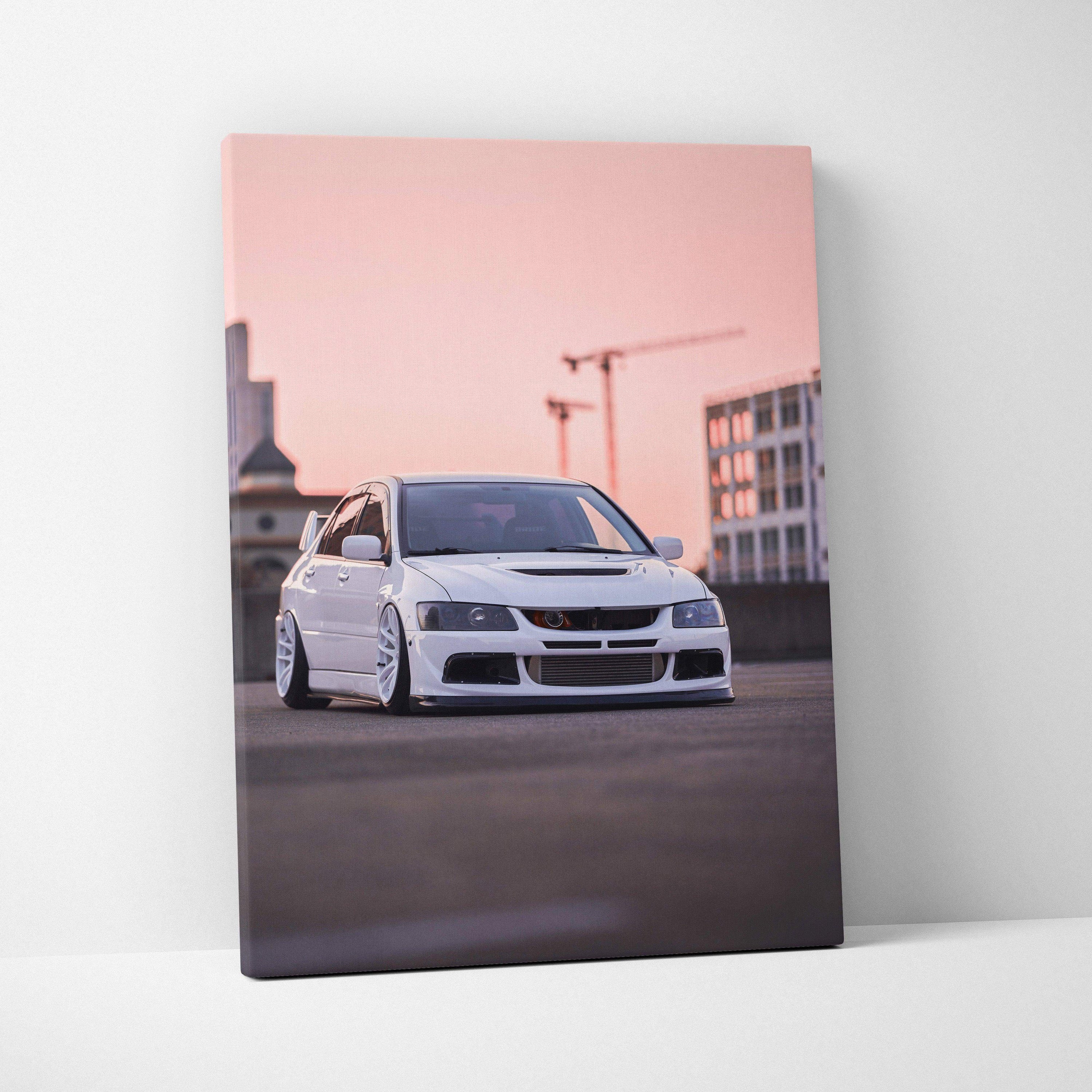 Mitsubishi Evo 8 white car canvas art with pink sky urban background vertical wall art.