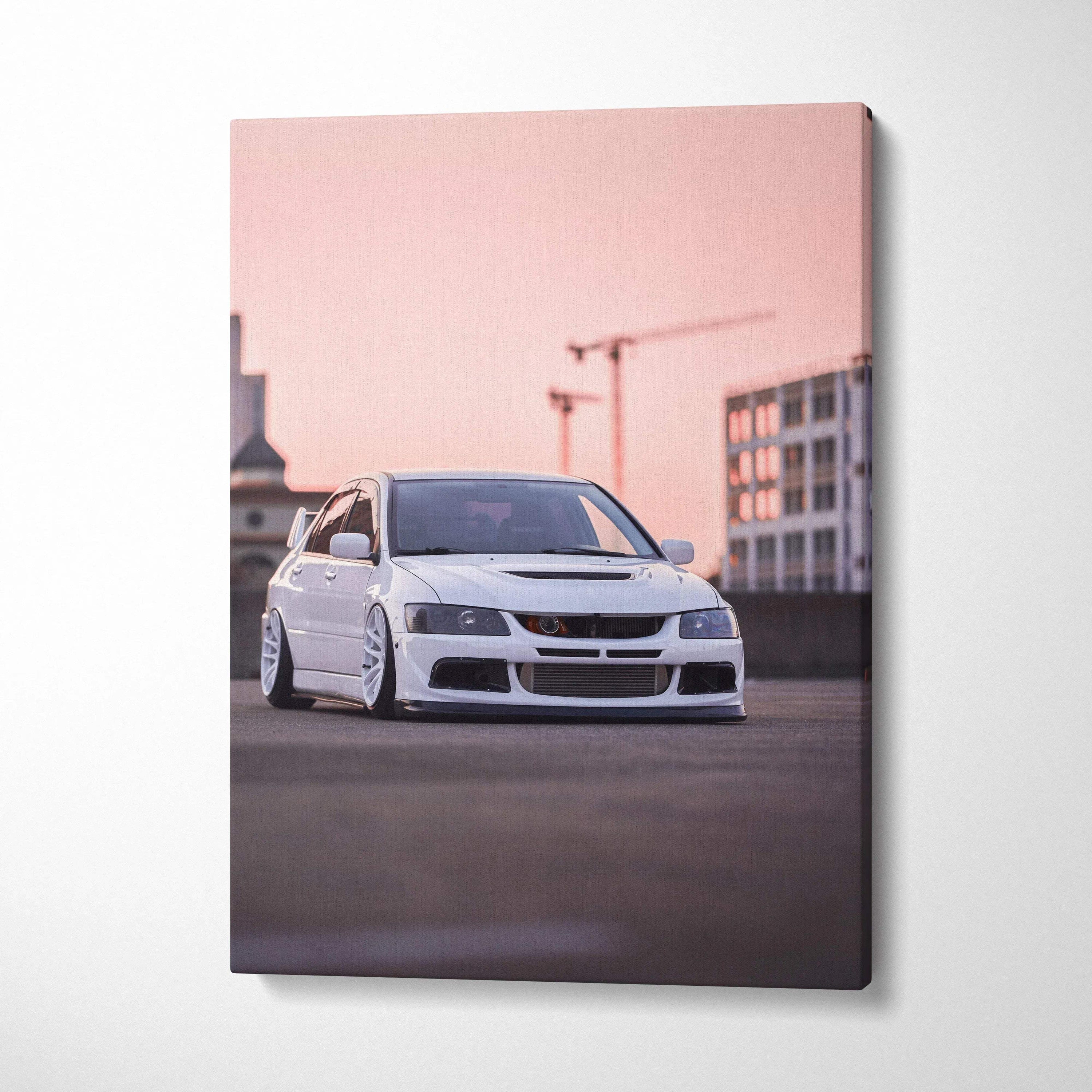 Mitsubishi Evo 8 white sports car canvas art with urban background wall art in soft sunset tones.