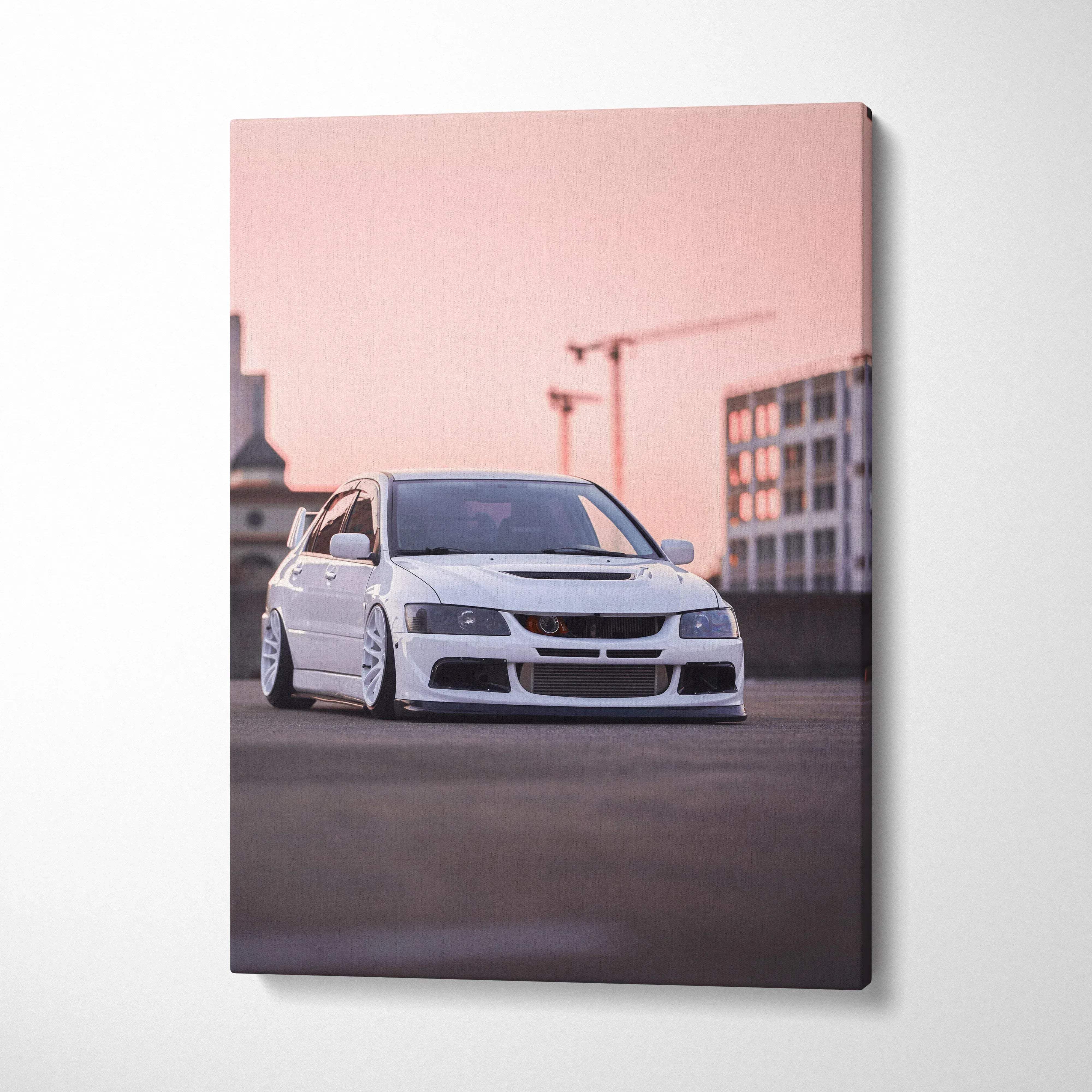 Mitsubishi Evo 8 white sports car canvas art with urban background wall art in soft sunset tones.