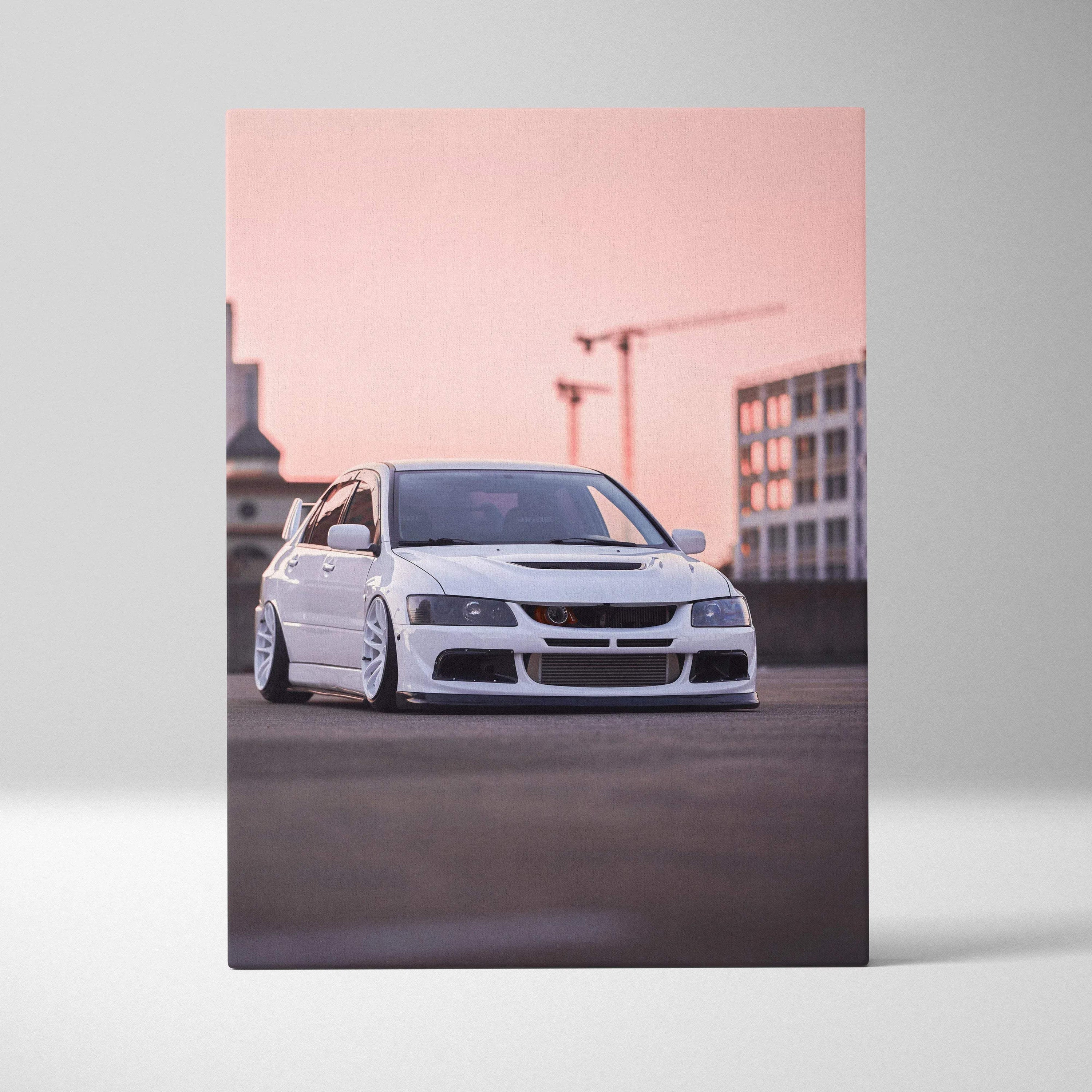 Mitsubishi Evo 8 white car on asphalt canvas wall art in soft pink sunset background.