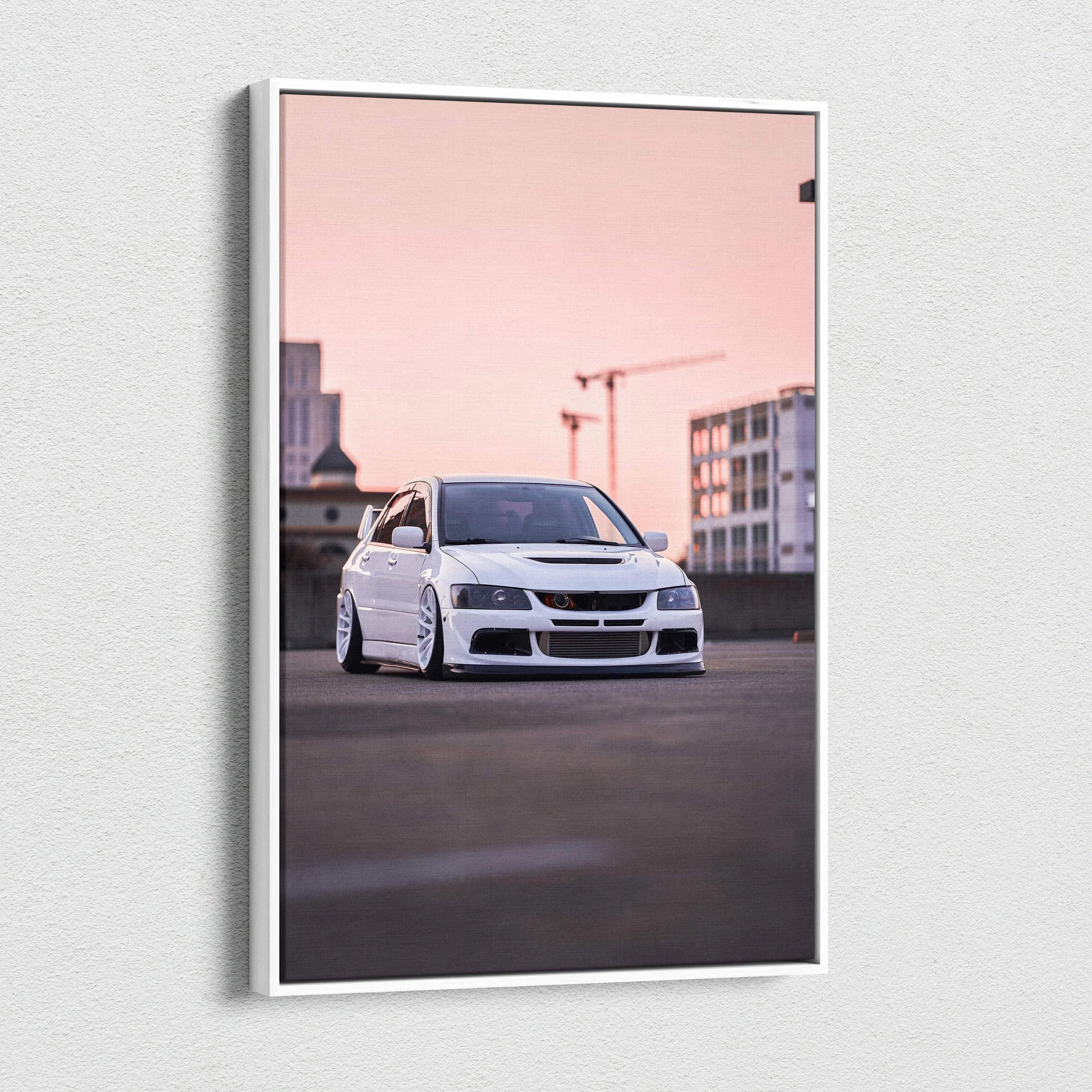 Mitsubishi Evo 8 white car canvas art with urban sunset background vertical wall art.