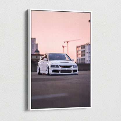 Mitsubishi Evo 8 white car canvas art with urban sunset background vertical wall art.
