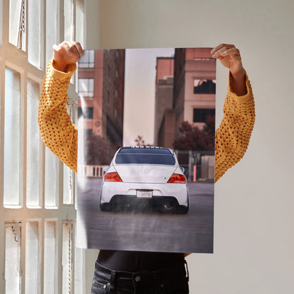 Mitsubishi Evo 8 rear view poster with urban background wall art in vibrant colors.