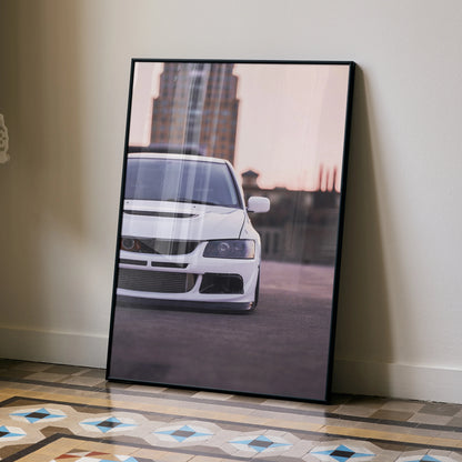 Mitsubishi Evo 8 front view poster with city backdrop, modern wall art in black frame.