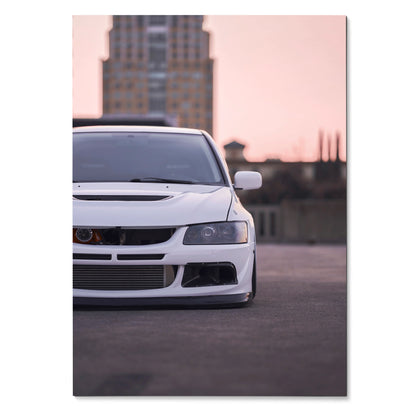 White Mitsubishi Evo 8 front view with lowered stance and urban background poster wall art.