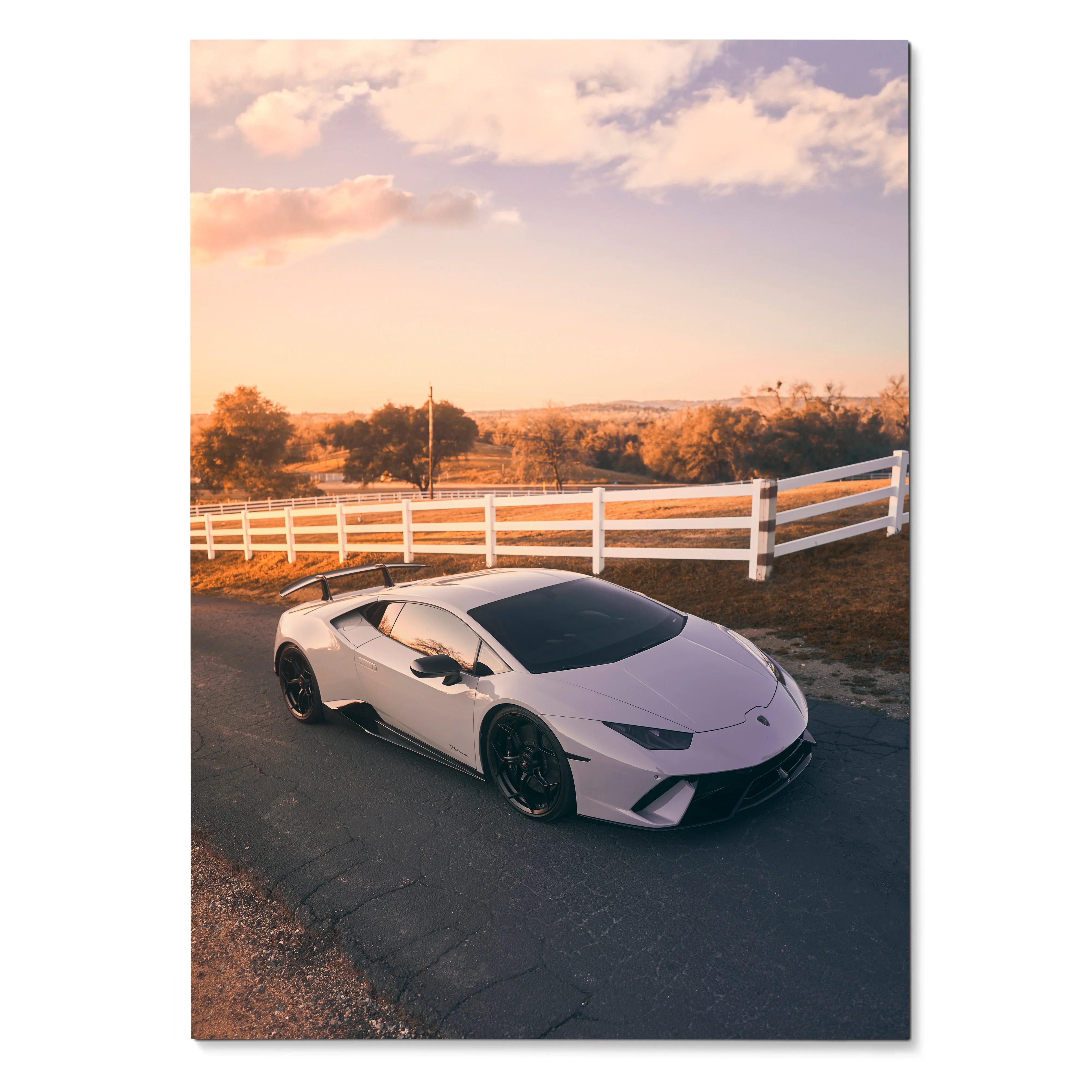 Lamborghini Huracan poster with white sports car on country road at sunset wall art.