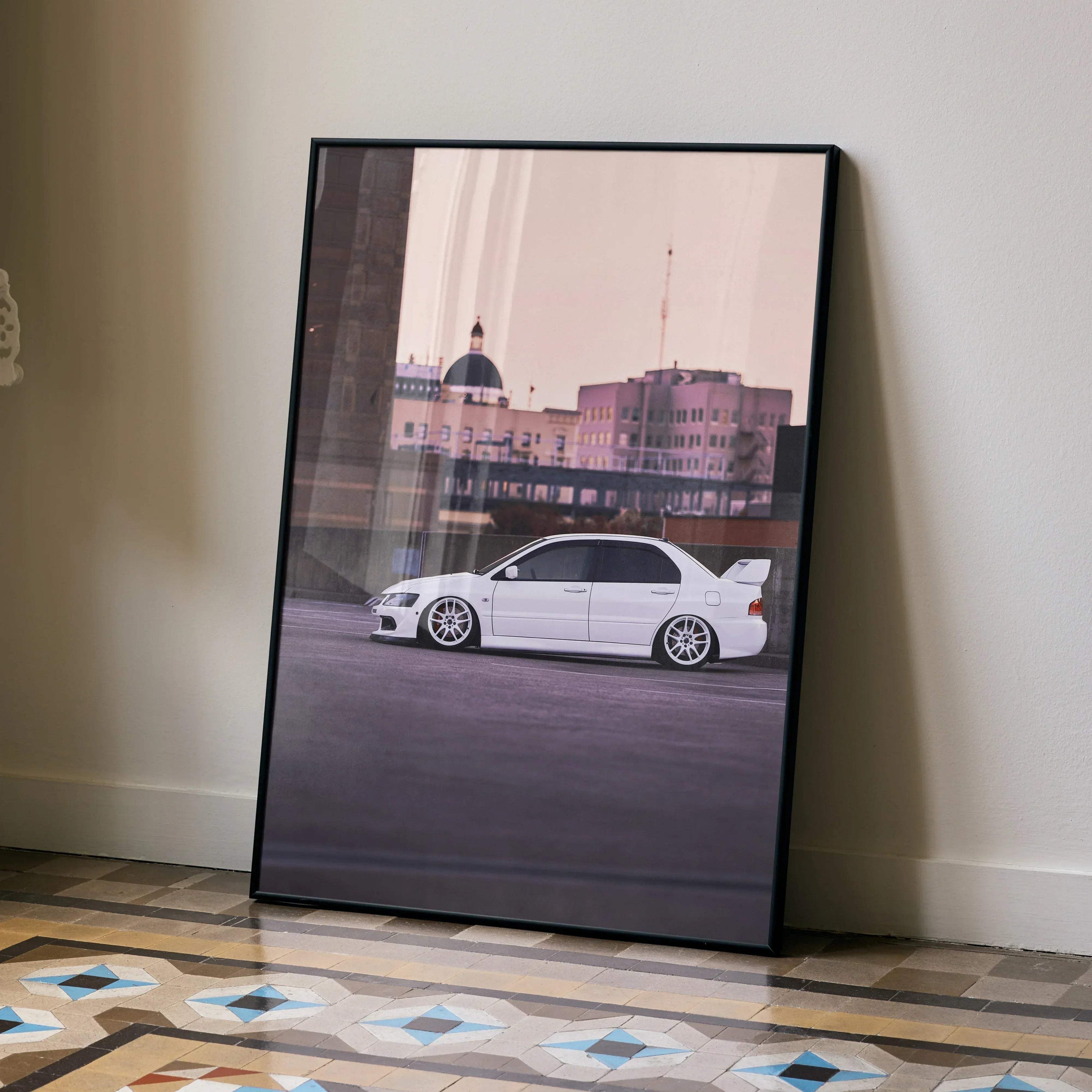 Mitsubishi Evo 8 white sports car poster leaning on wall with urban dusk background wall art.