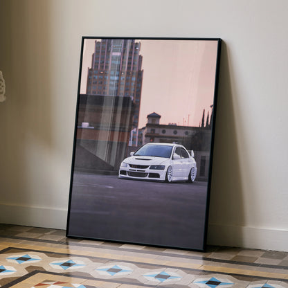 Mitsubishi Evo 8 white car poster leaning on wall with urban background wall art.