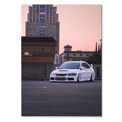 Mitsubishi Evo 8 white sports car parked in urban rooftop at sunset poster wall art.