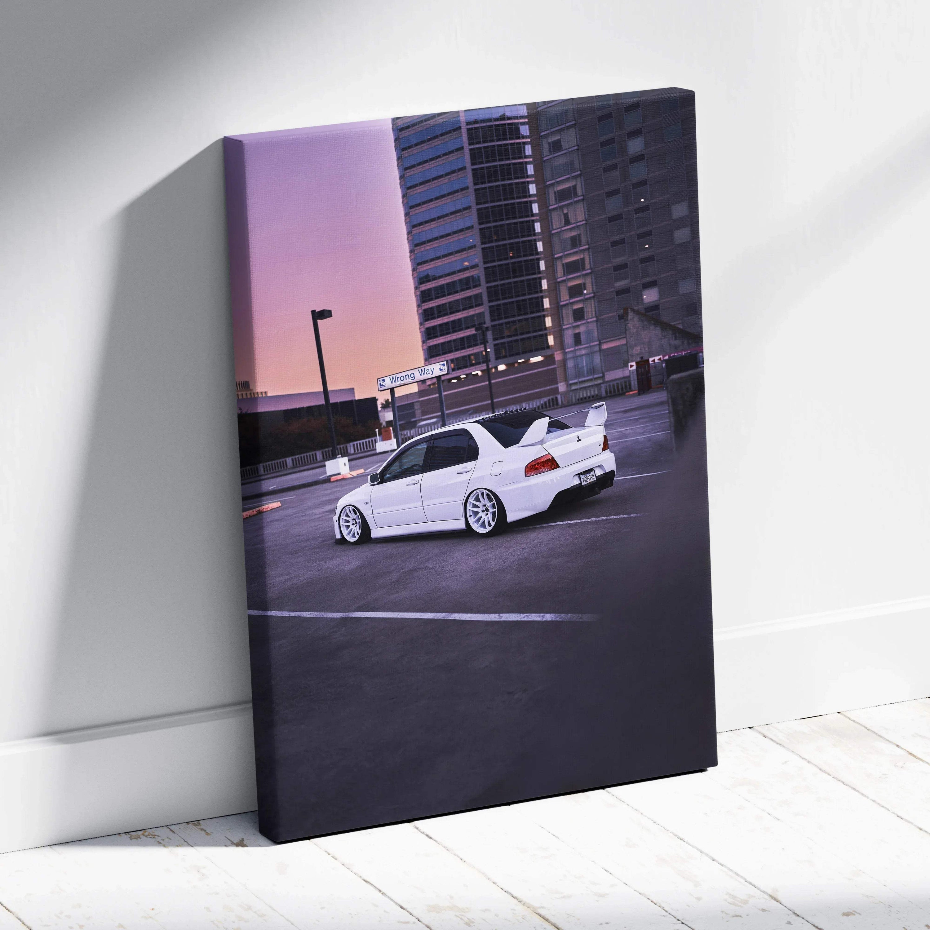 Vertical canvas wall art featuring a white Mitsubishi Evo 8 parked in an urban setting at dusk.