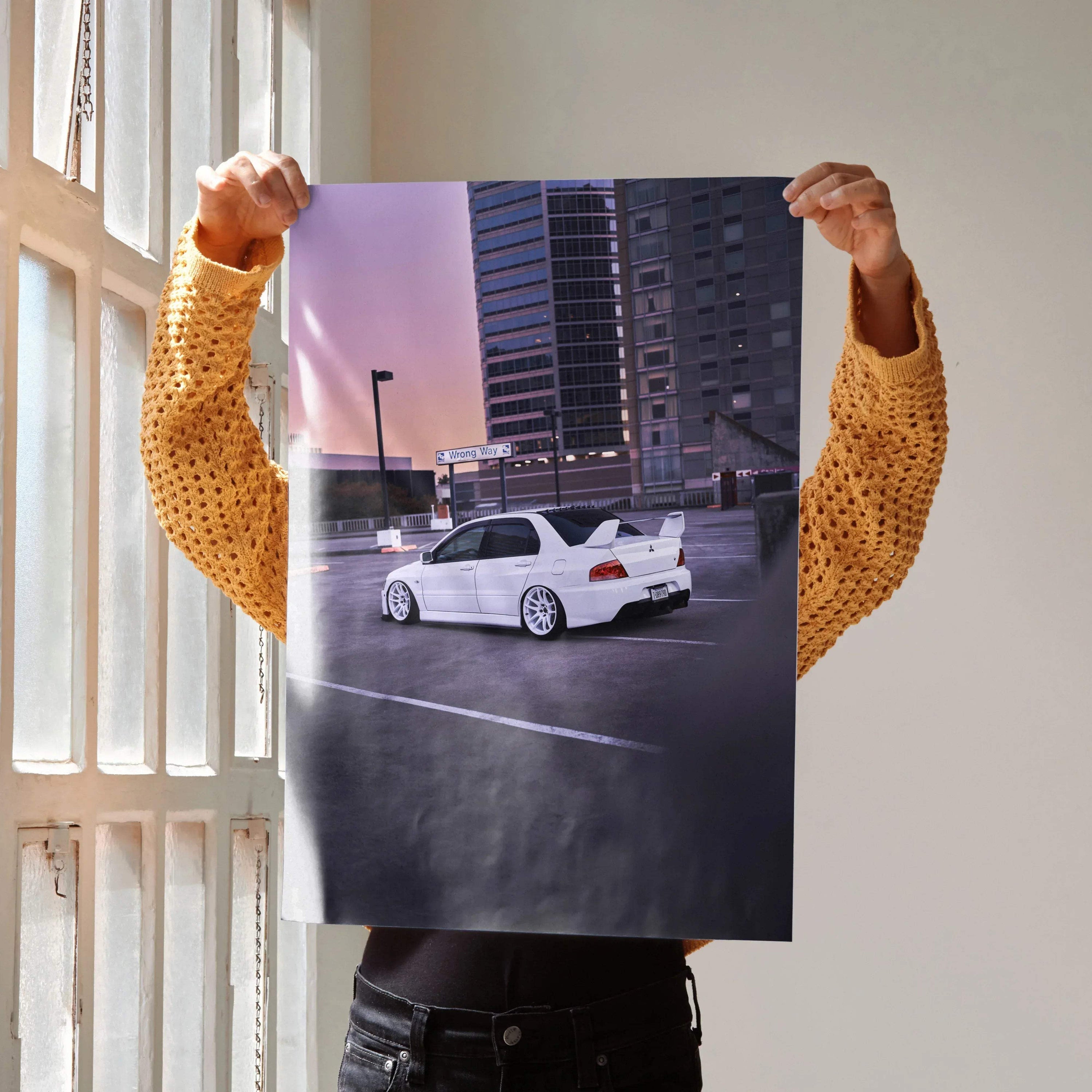 Mitsubishi Evo 8 white car poster wall art with city skyline background in high resolution.