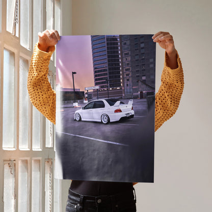 Mitsubishi Evo 8 white car poster wall art with city skyline background in high resolution.