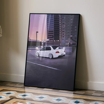 Mitsubishi Evo 8 poster showing white car parked in urban lot at sunset, modern wall art with cityscape background.