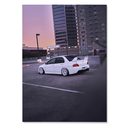 White Mitsubishi Evo 8 parked on rooftop at sunset poster, urban car wall art.