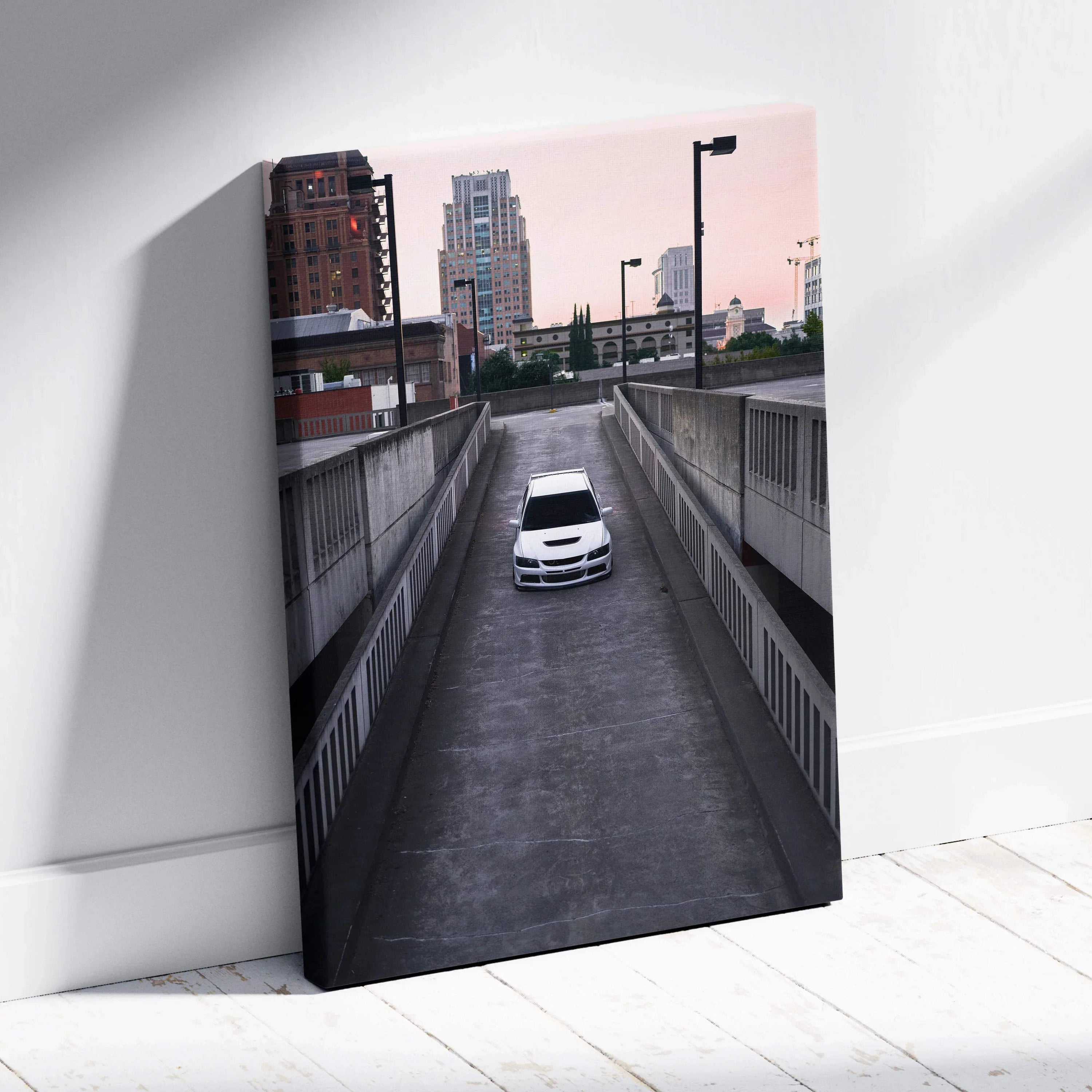 Vertical canvas wall art featuring a white Mitsubishi Evo 8 parked in an urban rooftop setting at dusk.