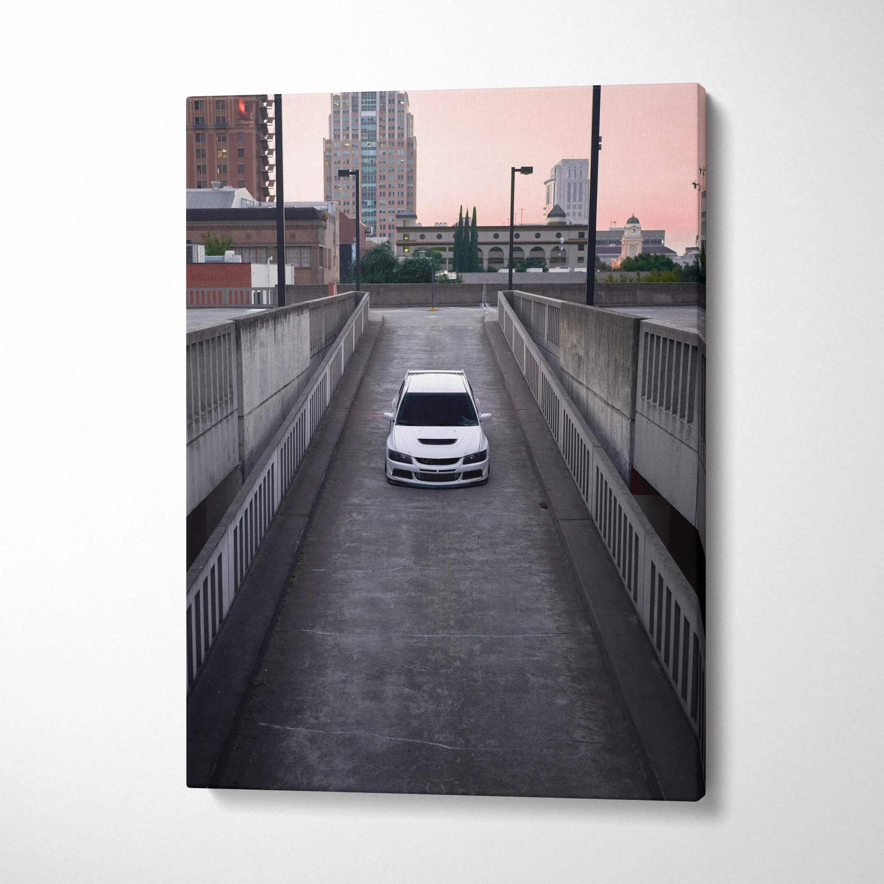 Mitsubishi Evo 8 white car driving on rooftop parking canvas wall art with city skyline background.
