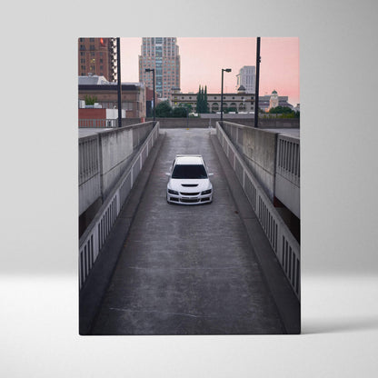 Mitsubishi Evo 8 car in urban parking ramp with city skyline canvas wall art.